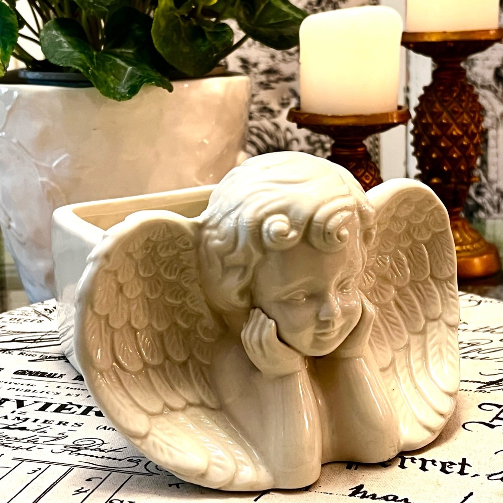 Vintage Ivory Glazed Porcelain Cherub Angel Planter